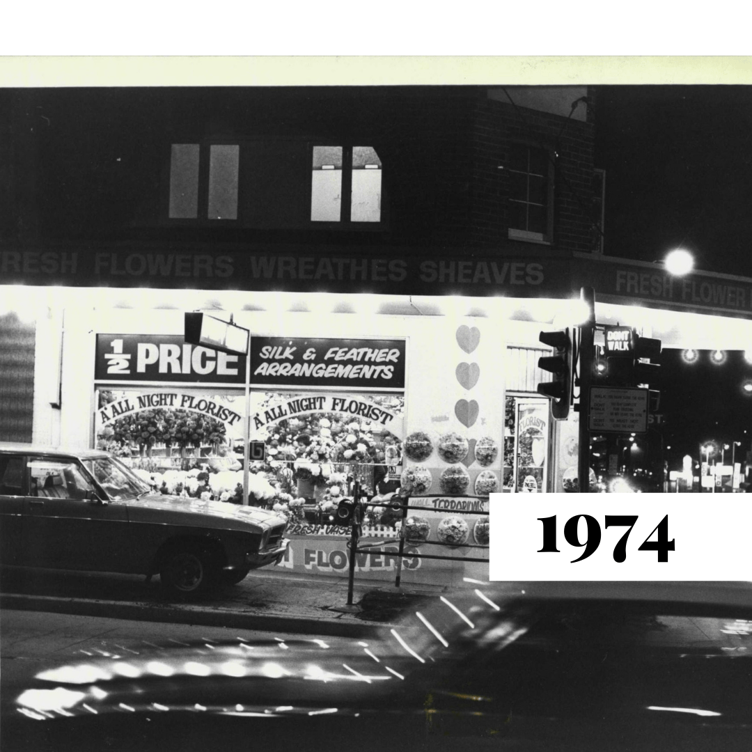 All Night Florist on Parramatta Road, Burwood, 1974