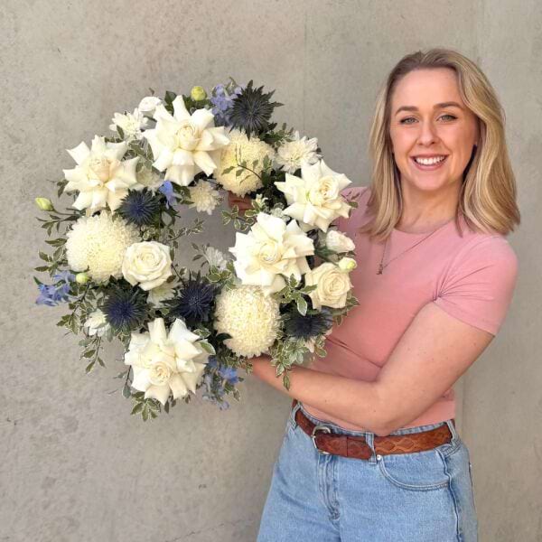 White and Blue Sydney Sympathy Wreath - Petite Size
